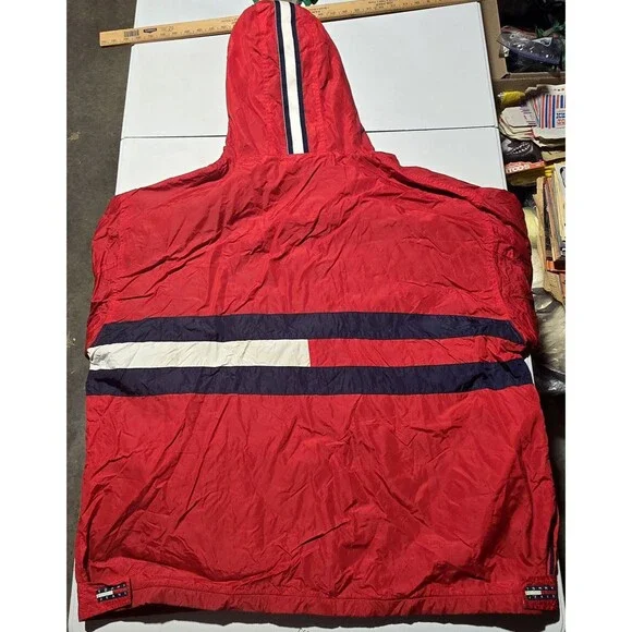 VTG Tommy Hilfiger Sailing Jacket Flag 2X Color Block Hood 1/4 Zip Fleece Lined